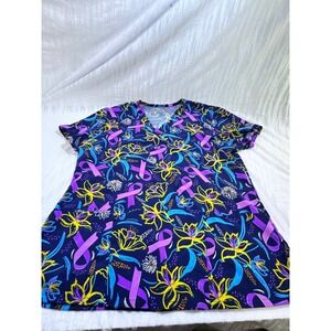 Floral Awareness Ribbon Scrub Top V-Neck Medical Uniform Navy Purple Yellow XL
